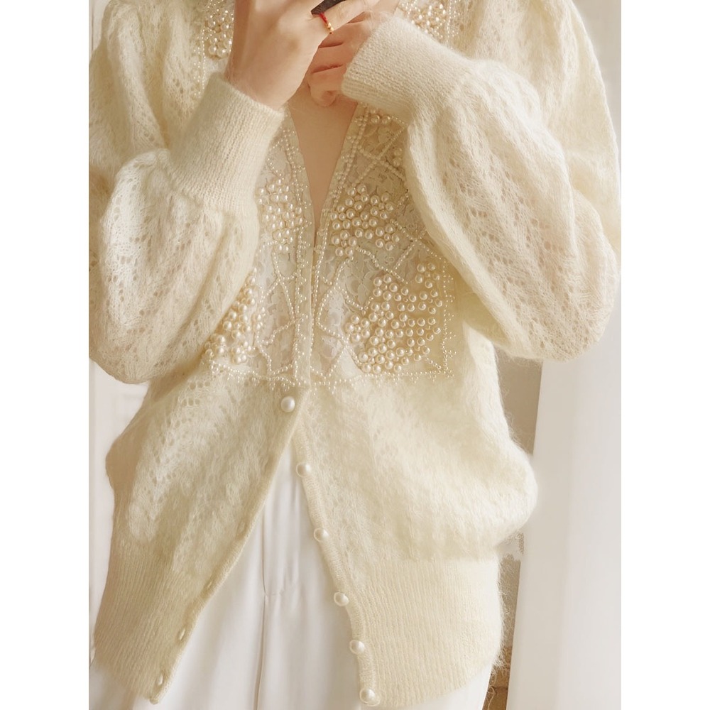 Commense Pearl Embellished Cardigan Sweater,‎ Elegant Knitwear,  Off White M - Picture 2 of 9